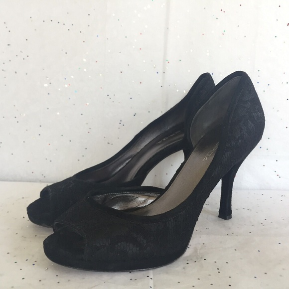 Via Spiga Black Lace D'orsay Platform Pump - Size 8.5 Medium Black Tie Peep Toe - Picture 5 of 12